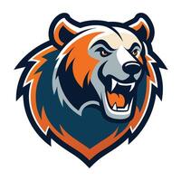 A fierce and powerful bear mascot design with a snarling expression. The bears head is depicted in a bold, graphic style with orange, blue, and white colors. vector