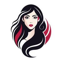 A stylized illustration of a woman with long black hair and red lips. The womans face is centered in the image, and her hair flows down and around her, forming a circle shape. vector