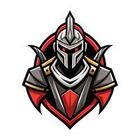 A digital illustration of a knights head with a red circle and red eyes. The design is for a logo or a gaming character. vector