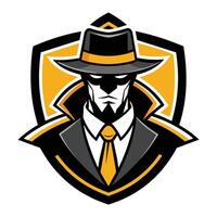 A cartoon illustration of a man wearing a fedora and suit, with a serious expression, inside a shield. vector