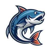 A cartoon illustration of a blue and red fish, with a large mouth open wide, in a jumping or leaping pose. The fish is isolated on a white background. vector