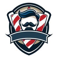 A vintage-style barber shop logo featuring a stylized image of a man with a mustache, a red and white barber pole, and a blank banner. vector