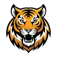 A stylized illustration of a tigers head with an open mouth and sharp teeth. The tigers stripes are black and the background is white. vector