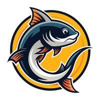 A cartoon illustration of a blue and gray fish with orange fins jumping in a yellow circle. The fish is facing right and has a large, round eye. The background is white. vector