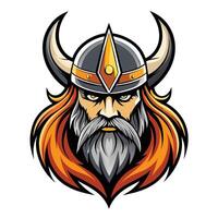 A digital illustration of a Viking warriors face, complete with horned helmet and a long, flowing beard. His stern expression suggests courage and strength. vector