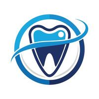 A blue tooth icon is inside a circular border with a swirling line wrapping around it. The design is simple, modern, and professional. vector