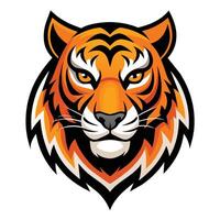 A cartoon illustration of a tigers head facing forward, with a fierce expression. The tiger has orange and black stripes, a white nose, and a black outline. vector
