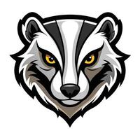 A graphic illustration of a badger head, with bold colors and strong lines. The badger has yellow eyes and is facing forward with an intense expression. vector