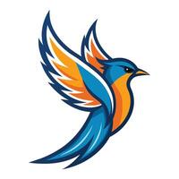 illustration of a stylized bird with blue and orange feathers in mid-flight. Dynamic pose conveys speed and agility. Minimalist logo, perfect as a brand symbol. vector