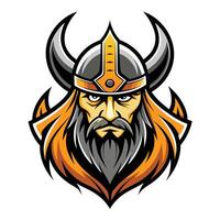 A digital illustration of a Viking warrior, depicted with a horned helmet, a fierce expression, and a long beard. vector