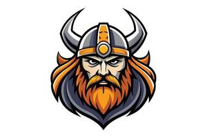 A cartoon illustration depicting the head of a Viking warrior, sporting a horned helmet and a large, bushy beard. vector