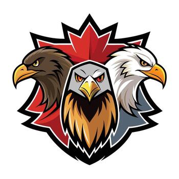 A digital illustration depicting three eagle heads arranged in a triangular formation, with a red maple leaf crest behind them. vector