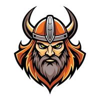 A cartoon illustration of a viking warrior wearing a horned helmet. The warrior has a fierce expression and a long, flowing beard. vector