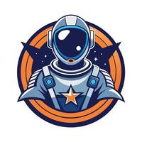 A cartoon illustration of an astronaut wearing a space suit with a star on their chest, set within a circle design. vector
