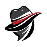 A digital illustration of a black fedora hat with a white stripe and a red ribbon around it. The hat is tilted and the brim is turned up. vector