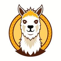 A cartoon illustration of a llama with a friendly expression, set against a yellow circle with a textured pattern. vector