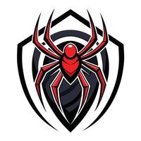 A red spider with black legs is centered inside a black shield with a stylized web design. vector