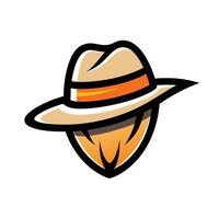 A illustration of a brown fedora with a yellow brim and an orange band. The hat is angled to the side, and the brim is slightly curled. vector