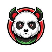 A cartoon panda mascot with devil horns and a stern expression, set against a red and green circle background. vector