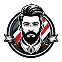 A illustration of a man with a beard and stylish haircut in a circular barber shop logo design featuring traditional red and white stripes. vector