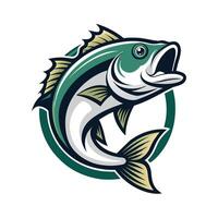 A digitally illustrated green fish with fins and tail, jumping out of the water against a white background. The fish has an open mouth, and is surrounded by a green circle. vector