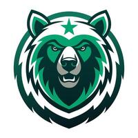 A fierce green bear with a star above its head, set in a circular logo with a white border. vector