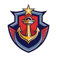 This is a logo design featuring a gold anchor with a star on top, set against a blue and red shield with wings. vector