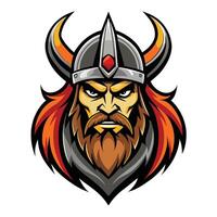 A colorful illustration of a Viking warriors face, with a horned helmet and a serious expression. vector