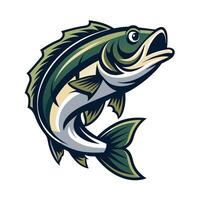 A cartoon illustration of a green and white fish leaping out of the water with its mouth open wide. vector