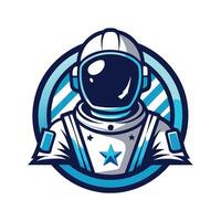 A logo featuring a blue and white astronaut in a circular frame with stars and stripes. vector