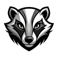 A black and white illustration of a badger head mascot with a serious expression, isolated on a white background. vector