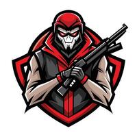 This is a illustration of a masked soldier holding a shotgun in front of a red and black shield. The soldier is wearing a red hooded jacket and a black mask with a skull design. vector