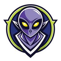 A purple alien with yellow eyes in a circle logo design. The alien has pointy ears and a large head with a defined jawline. vector