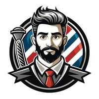A cartoon illustration of a stylish man with a beard, wearing a suit and tie, in a barbershop setting. vector