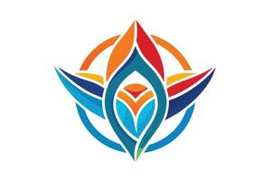 A digital illustration of a colorful abstract flower logo design. The design features a flower with wings enclosed in a circle. vector