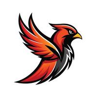 An illustration of a red cardinal bird in flight with its wings spread wide. The bird is depicted in a vibrant red color with black outlines, creating a dynamic and eye-catching image. vector