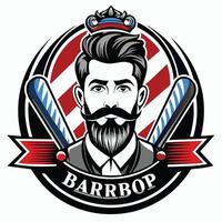 A barber shop logo featuring a man with a beard and mustache, a red and blue striped background, and two razors crossed behind him. vector