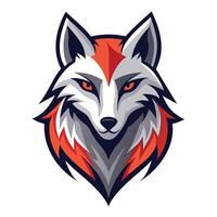 A digital illustration of a red and gray wolf mascot with sharp eyes and a determined expression. The wolfs fur is stylized with sharp lines and angles. vector