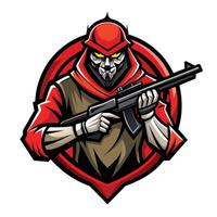 A digital illustration of a soldier with a red hood holding a rifle in front of a red circle. vector
