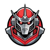 A cartoon style illustration of a robot head with red and silver armor. vector