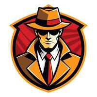 This is a digital illustration of a man wearing a fedora, sunglasses, and trench coat. He is looking straight ahead with a serious expression. The image has a vintage detective feel. vector
