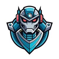 A cartoon robot head logo design with a blue and gray color scheme, featuring a circular frame and red eyes. vector