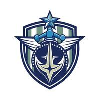 A stylized shield design featuring a blue and white anchor, wings, a star, and stripes. vector