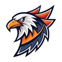 A illustration of an eagles head in a cartoon style. The eagle has a fierce expression with a sharp beak and an orange and blue color scheme. vector
