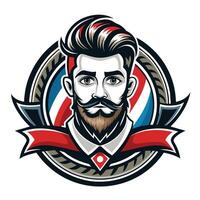 A colorful illustration of a mans face, featuring a beard and mustache, set within a barber shop logo design. vector