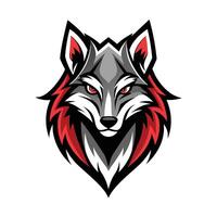 A digital illustration depicting a fierce wolf head with grey fur and a red mane, against a white background. vector
