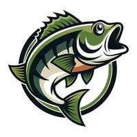 A green and white striped fish is jumping out of a black and green circle with its mouth open. vector