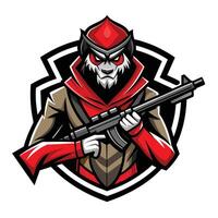 A red hooded animal with a rifle stands in a black shield. The animal has a red hood and a white beard, holding a black rifle in its right hand. vector