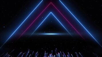 Abstract futuristic triangular tunnel. Flying particles and data light streaks. Background futuristic corridor with neon lights. video