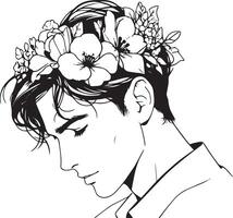 Elegant black line illustration of a dark-haired young man with a flower crown, featuring a thoughtful expression. vector